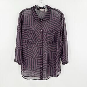 Chico's Sheer Geometric Stripe Button-Up Blouse in Black and Purple